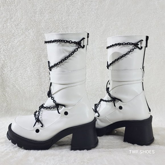 Bratty White Vegan Leather Block Heel Biker Style Goth  Punk Boots - Picture 3 of 10